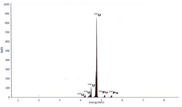 Gambar 3. Spektrum efluen  isotop uranium dan plutonium  setelah melalui kolom penukar anion 