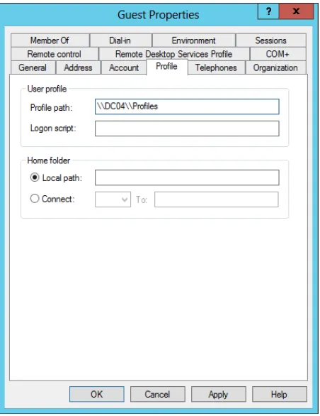 FIGURE 1-20 Configure the profile path of the roaming user profile on the user’s Properties dialog box