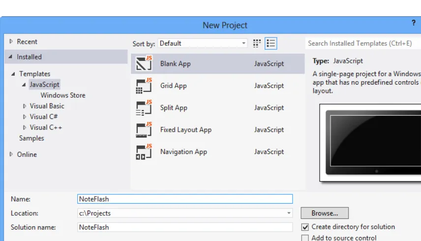 Figure 2-1. The Visual Studio New Project dialog window