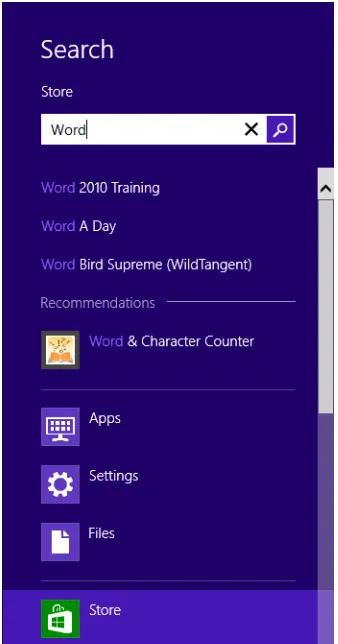 FIGURE 2-11 Query suggestions and result recommendation from the Store app in Windows 8