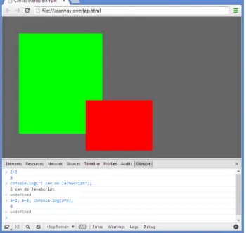Figure 2-1. Top: Two overlapping canvas elements. Bottom: JavaScript console in the Chrome browser