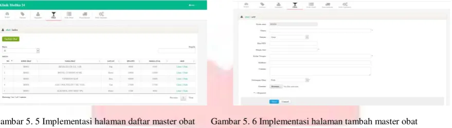 Gambar 5. 5 Implementasi halaman daftar master obat      Gambar 5. 6 Implementasi halaman tambah master obat 