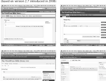  FIGURE 1.1The evolution of the WordPress administrative interface, from version 1.5 in 2004 to the current version 