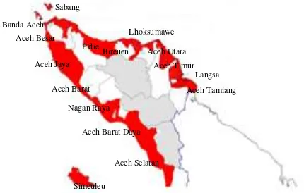Fig. 1. The areas affected by tsunami in the Nanggroe Aceh Aceh Darussalam (NAD) province [11]
