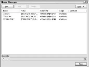 Figure 2-15: Use the Name Manager to add, edit, or delete range names.