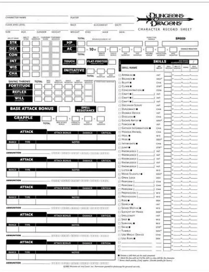 Figure 10-1: The character sheet from the Player’s Handbook(front side).