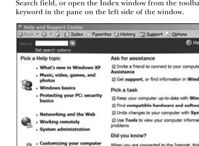 Figure 1-7: The Windows XP Help And Support Center window contains links to many troubleshooting resources.