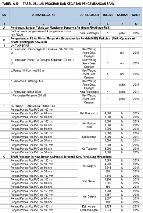 TABEL: 6.29. TABEL USULAN PROGRAM DAN KEGIATAN PENGEMBANGAN SPAM 