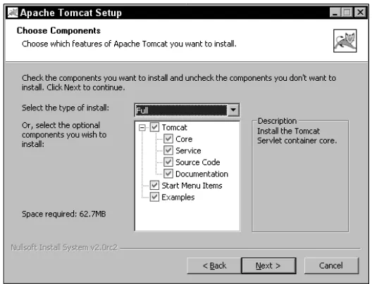 Figure 3-4: The Tomcat setup’s Choose Components screen.