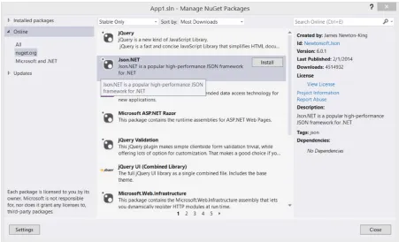 Figure 1-23. Installing Json.NET with the Package Manager GUI