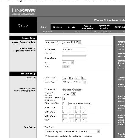 Figure 2.1 The Linksys WRT54G Initial Setup Screen