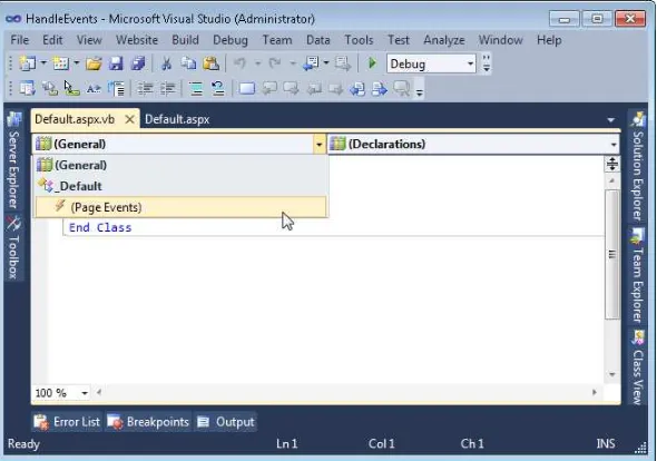 FigURE 3-3  Selecting the Init event handler for a Visual Basic. NET webpage.