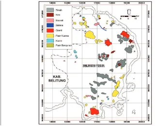 Gambar 4. Peta Sebaran Bahan Galian Di Kabupaten Bangka Belitung Timur (digambar ulang dari Natasia et al., 2016)