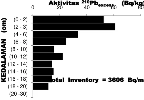 Tabel 4.  Aktivitas  (Bq/kg)  dan  inventori   (Bq/m2 )  210Pbexcess  di lokasi pembanding Perkebunan Karet  - Rumpin 