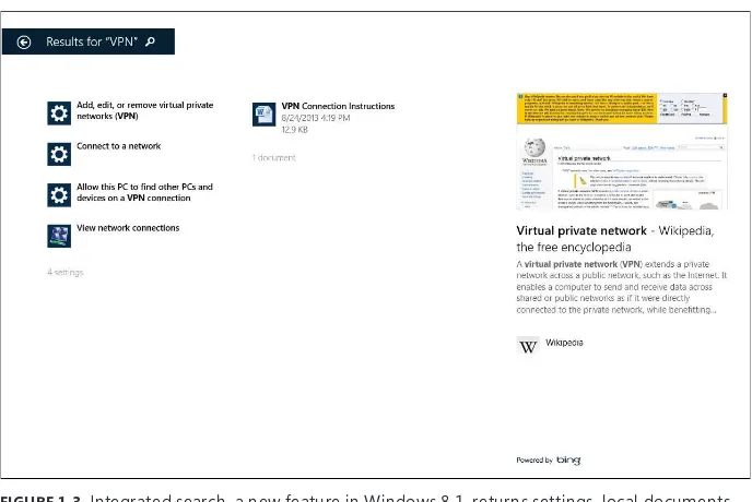 FIGURE 1-3 Integrated search, a new feature in Windows 8.1, returns settings, local documents, and webpages in a single scrolling results page.