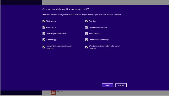 FIGURE 1-4 Connecting a domain account to a Microsoft account in Windows 8.1 allows fine-grained control over which settings sync between different devices.