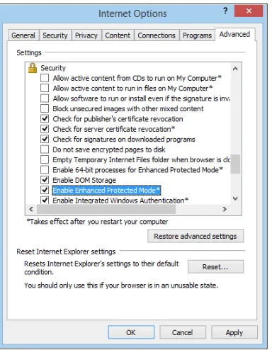 FIGURE 4-3 In Internet Explorer 11 on Windows 8.1, Enhanced Protected Mode is enabled by default