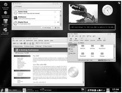FIGURE 3-3The KDE desktop includes a panel, desktop icons, and much more.