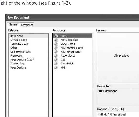 Figure 1-2. View of Dreamweaver’s options for creating a new document