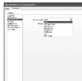 Figure 1-9. The listing of server models Dreamweaver supports
