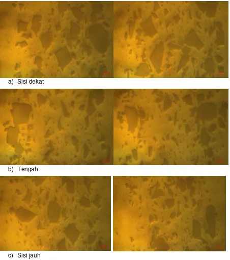Gambar 4. Mikrograf sampel PEB U3Si2/Al pascairadiasi perbesaran 200 kali. A) Sisi 