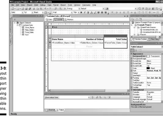 Figure 3-9: The Layout tab within the Report Designer showing fields within the table columns.