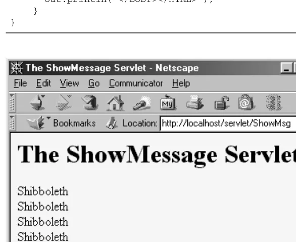 Figure 2–5The ShowMessage servlet with server-specific initialization parameters.