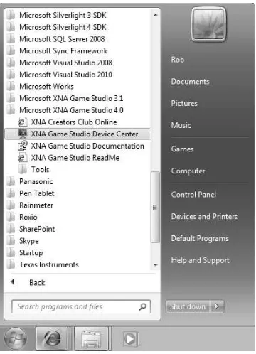 FIGURE 1-1 Start ng the XNA Game Stud o Dev ce Center app cat on.