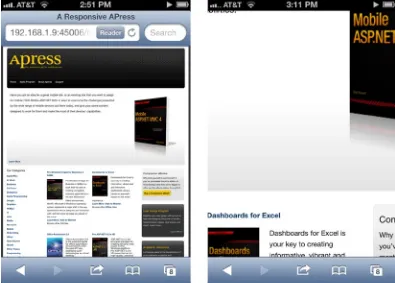 Figure 1-7. Our mobile site without a viewport meta tag, default view, and zoomed in