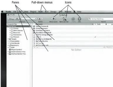Figure 2–1. The Xcode user interface consists of pull-down menus, icons, and panes. 