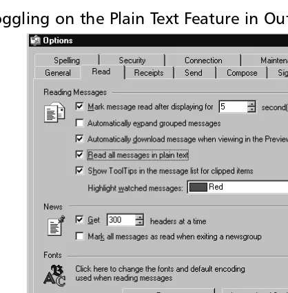 Figure 3.1 Toggling on the Plain Text Feature in Outlook Express