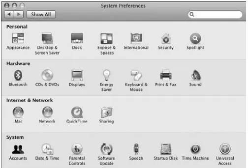 Figure 1-1: Start with the System Preferences window to change OS X settings.