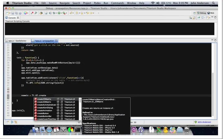 Figure 3-2. Titanium Studio helps you autocomplete methods and variables