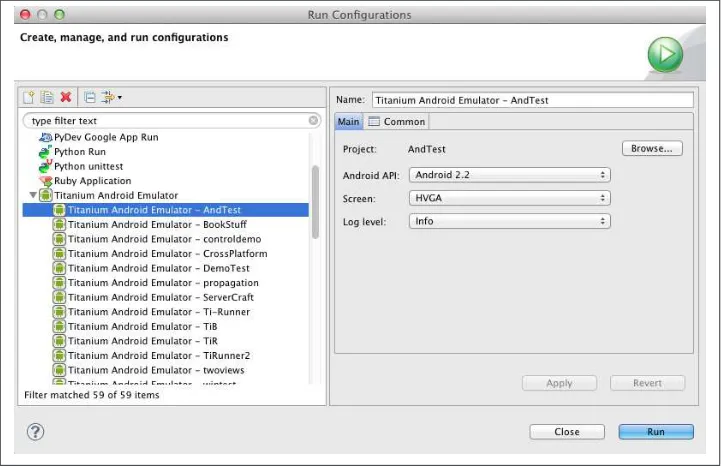 Figure 3-4. Titanium Studio allows you to manage the configurations of your Androidvirtual devices