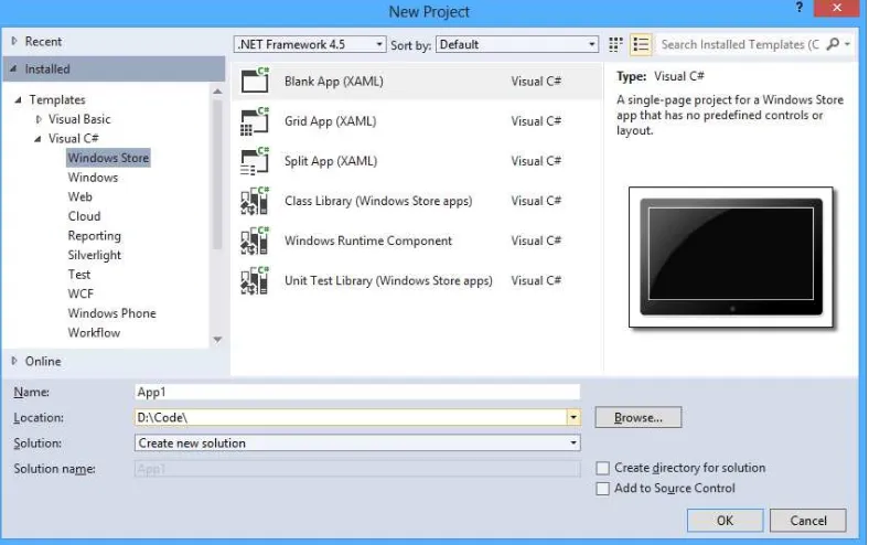 Figure 1-5. Creating a new Windows Phone project in Visual Studio 2012