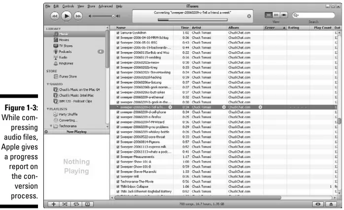 Figure 1-3:  While  com-pressing  audio files,  Apple gives  a progress  report on  the  con-version  process