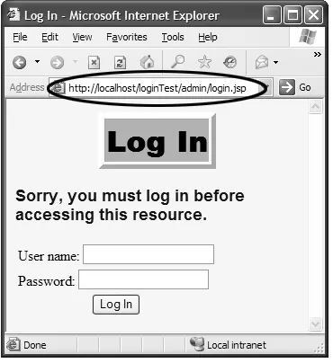 Figure 3–1When the client tries to access a protected resource, Weblogic 8.1 uses the response.sendRedirect method to send the client to the login page, exposing the login page’s URL.