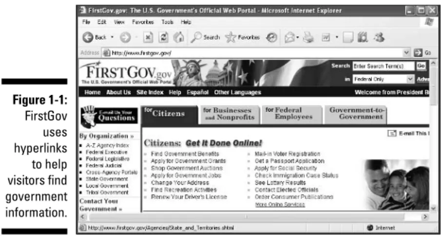 Figure 1-2: This Web page incorporates multiple parts and numerous bits of markup.Figure 1-1:FirstGovuseshyperlinksto helpvisitors findgovernmentinformation