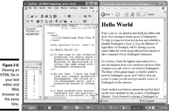 Figure 2-6: Viewing an HTML file in your text editor and Web browser at the same time.