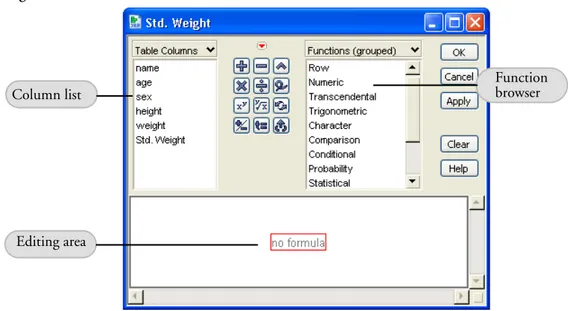 Figure 4.1  shows the parts of the Formula Editor. The Formula Editor control panel is  composed of buttons ( OK ,  Apply ,  Help ), selection lists for variables and functions, and a  keypad