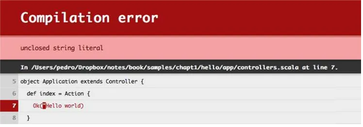 Figure 1.4Compilation errors are shown in the web browser, with the relevant source code highlighted.