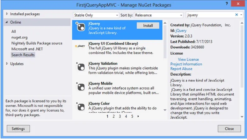 Figure 2-20. The jQuery NuGet package adds the Scripts folder and jQuery files