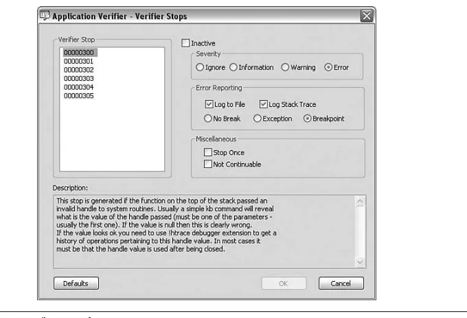 Figure 1.4The Application Verifier Stop options are further divided into several sections: