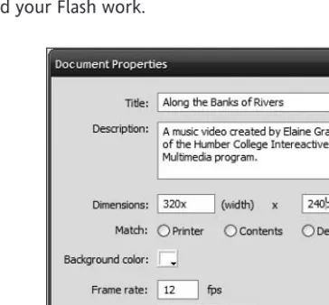 Figure 1-22. Use the Document Properties dialog box to remove the wasted space on the stage, add metadata, and set the Flash movie’s frame rate to closely match that of the video.