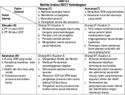 Tabel 6.5 Matriks Analisa SWOT Kelembagaan 