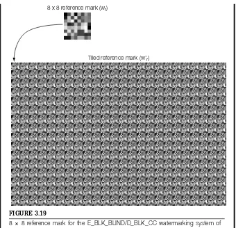 FIGURE 3.198 × 8 reference mark for the E_BLK_BLIND/D_BLK_CC watermarking system ofSystem 3, and the same reference mark tiled to create a reference pattern for use