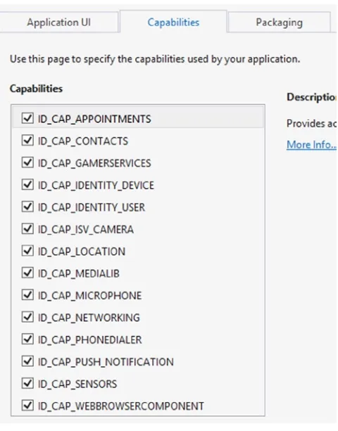 Figure 1-13. Windows Phone OS 7.1—Manifest Editor Capabilities tab