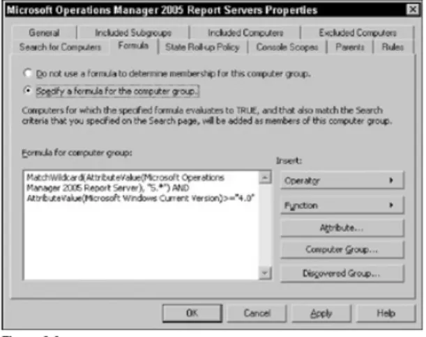 Figure 8-3 shows the formula for a Computer Group matching any Microsoft Operations Manager 2005 Report Servers with a version of 5.x and at least Windows NT 4.0