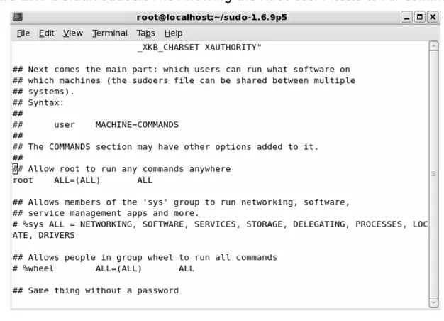 Figure 2.17 Default Sudoers File Allowing the Root User Access to All Commands