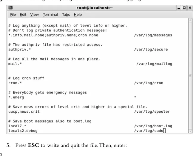Figure 2.19 Editing the Syslog.conf file for Sudo Logging